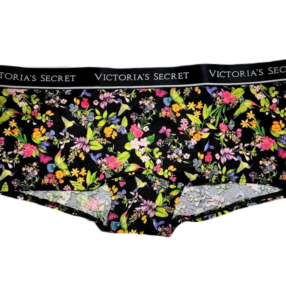 VICTORIA'S SECRET BLACK VICTORIAN FLORAL SHORTIE BOYSHORT PANTY LOGO WAISTBAND M